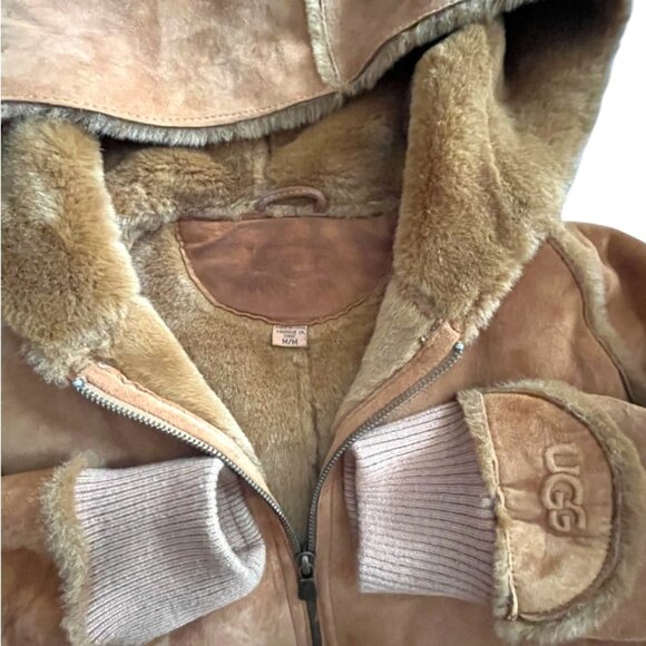 UGG Suede Leather and Faux Fur Lined Hooded Bomber Jacket | Size M - Picture 11 of 14